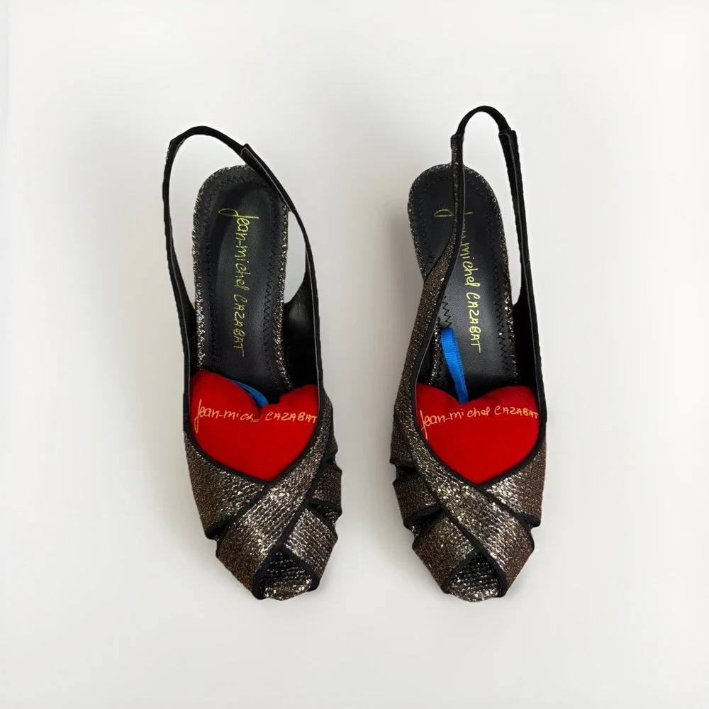 Jean-Michel Cazabat JM-Oriana Heels Black Bronze Glitter Slingback Peep Toe Sz 7